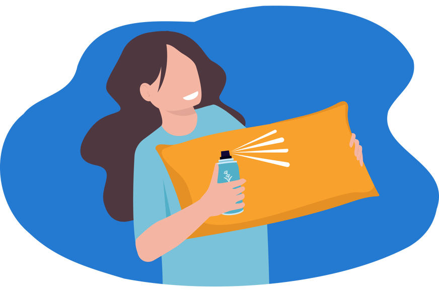 Ilustração de pessoa a segurar numa almofada e a colocar spray aromático